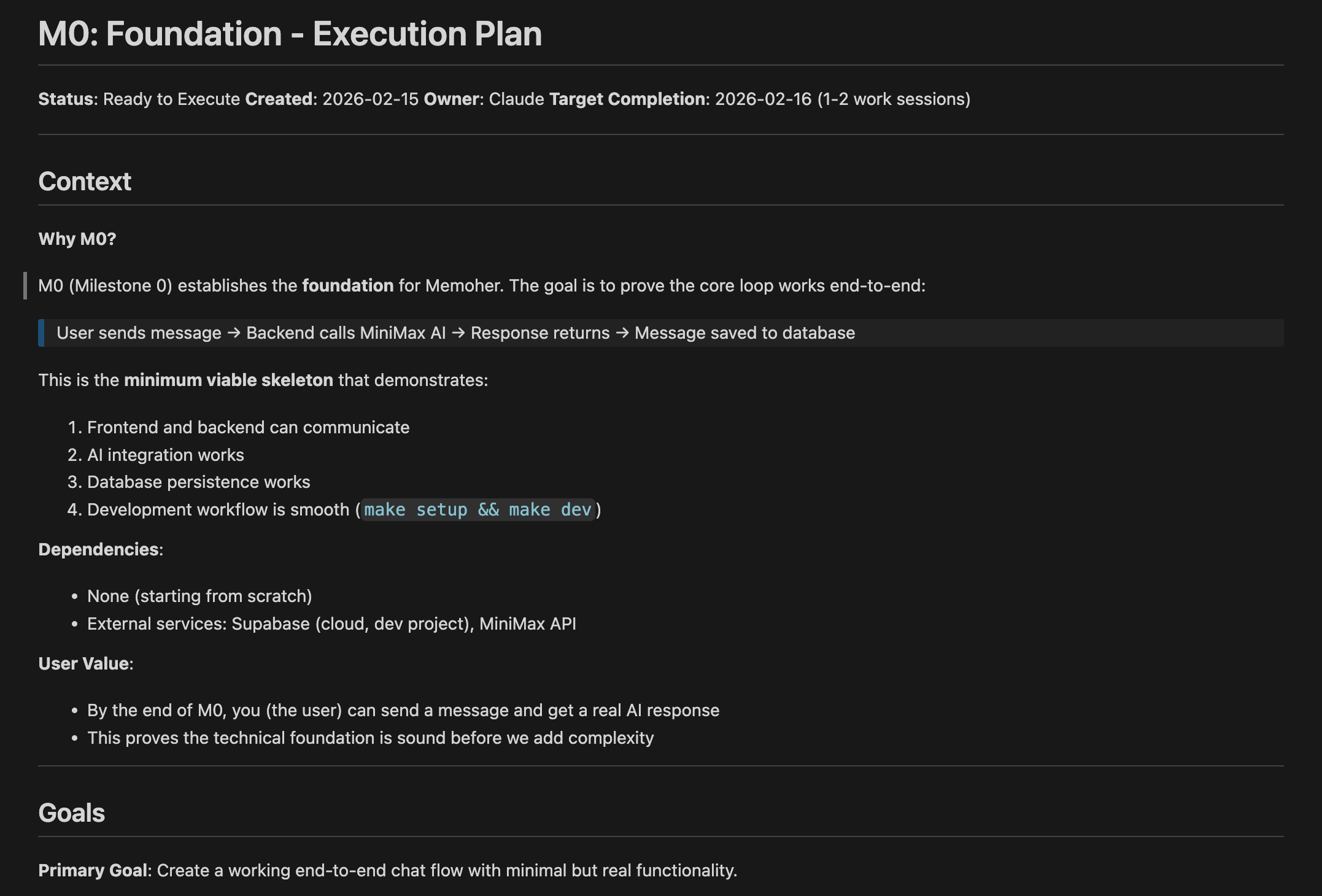 Architecture decision table showing key choices for M0 implementation